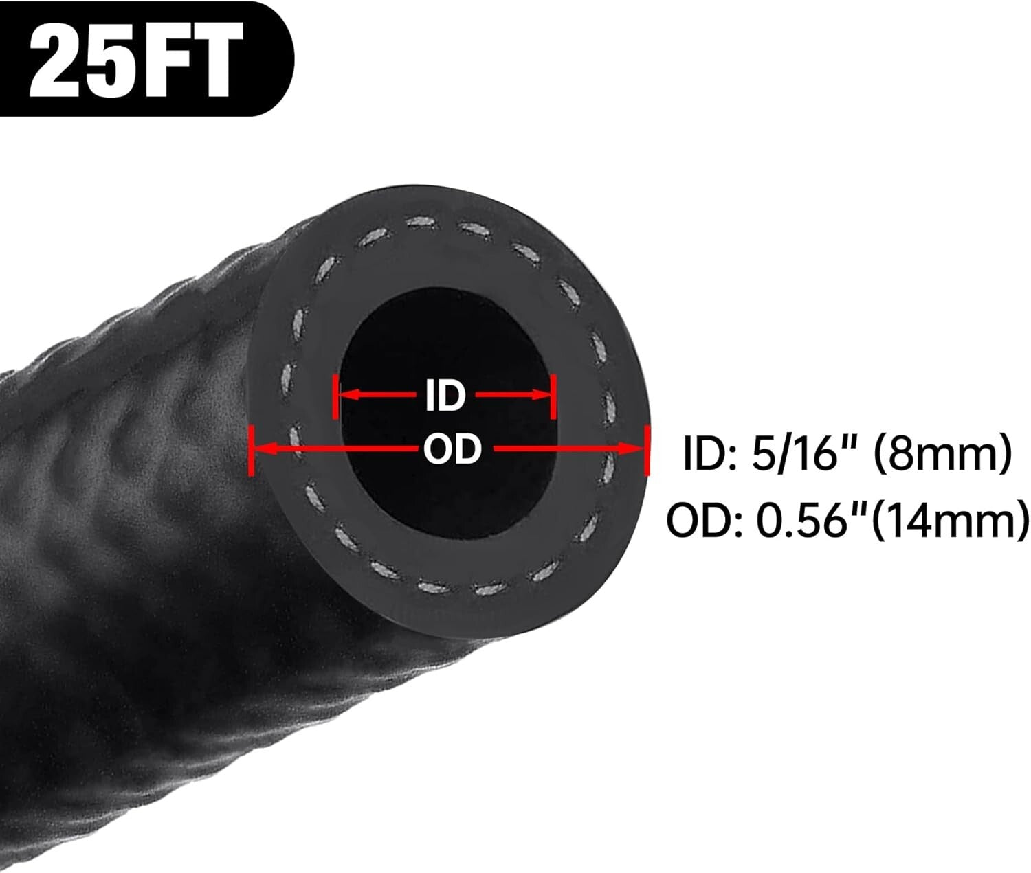 25FT 5/16'' Fuel Hose, 300 PSI Rated, NBR Rubber for High-Pressure Applications