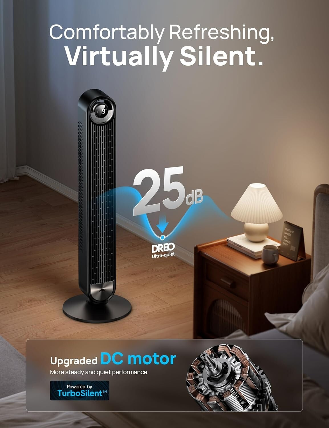Elegant 90° Oscillating Tower Fan - Remote Control, 25 dB Silent Operation