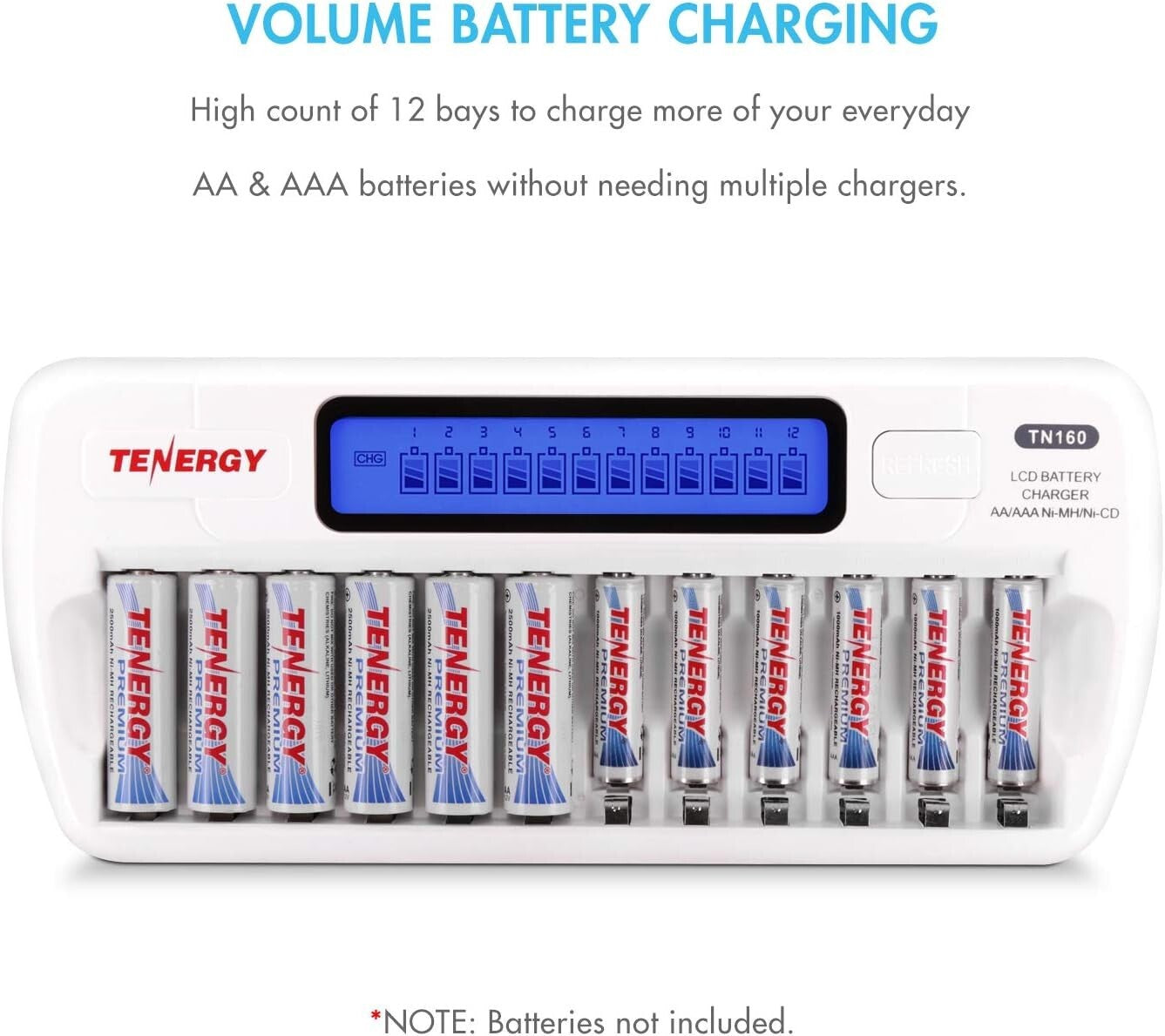 Lightweight 12-Battery Charger for Rechargeable AA/AAA With Easy LCD Monitoring