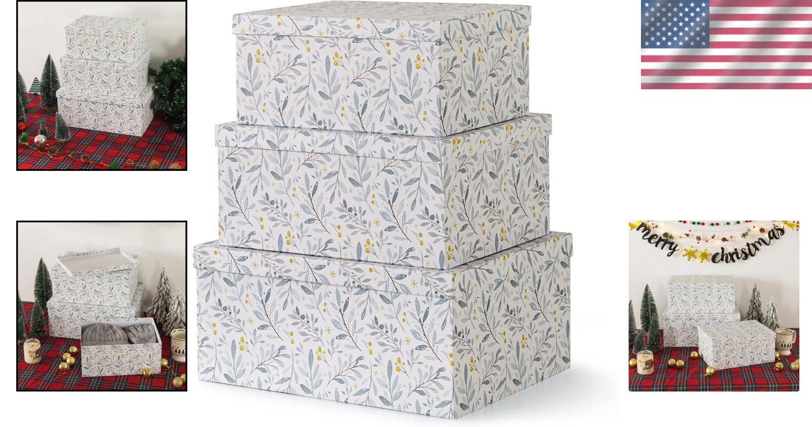 Elegant Winter Blossom Decorative Storage Box Set - 3 Nesting Keepsake Boxes