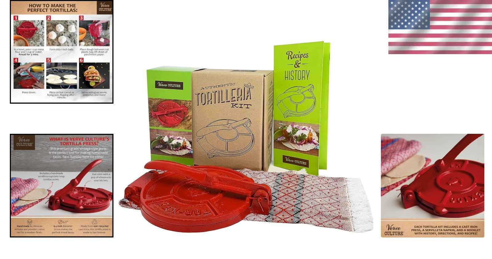 Authentic Cast Iron Tortilla Press with Recipe Booklet & Servilleta Napkin, 6.5"