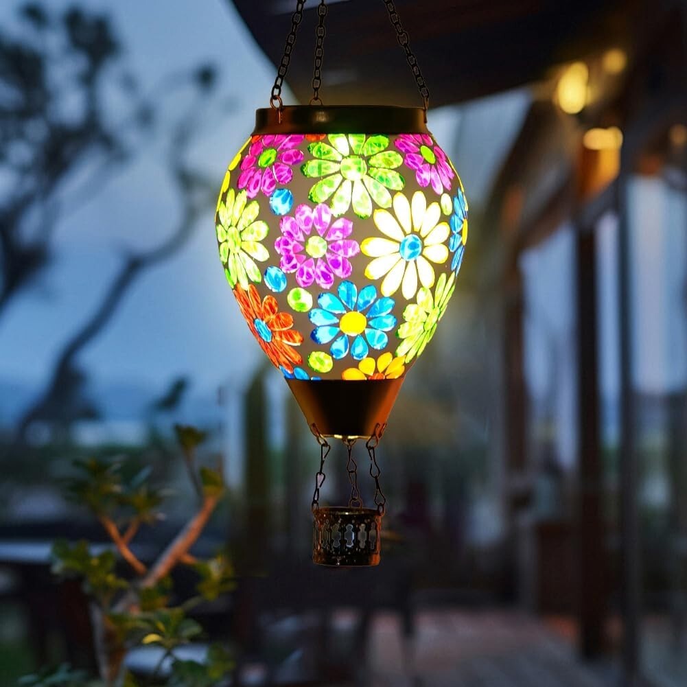 Waterproof Glass Mosaic Hot Air Balloon Lantern - Solar Powered Elegance