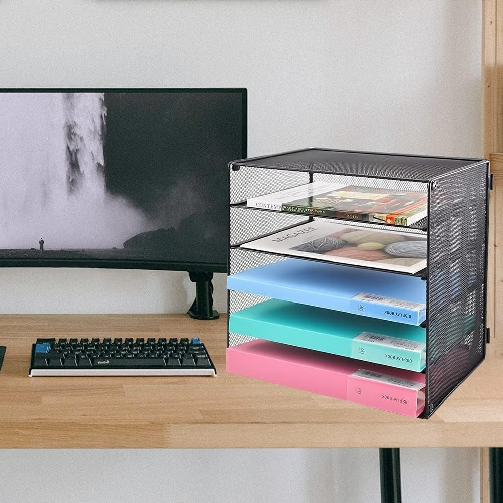 Durable 5-Tier Paper Tray for Office - Elegant Black Metal Storage Solution