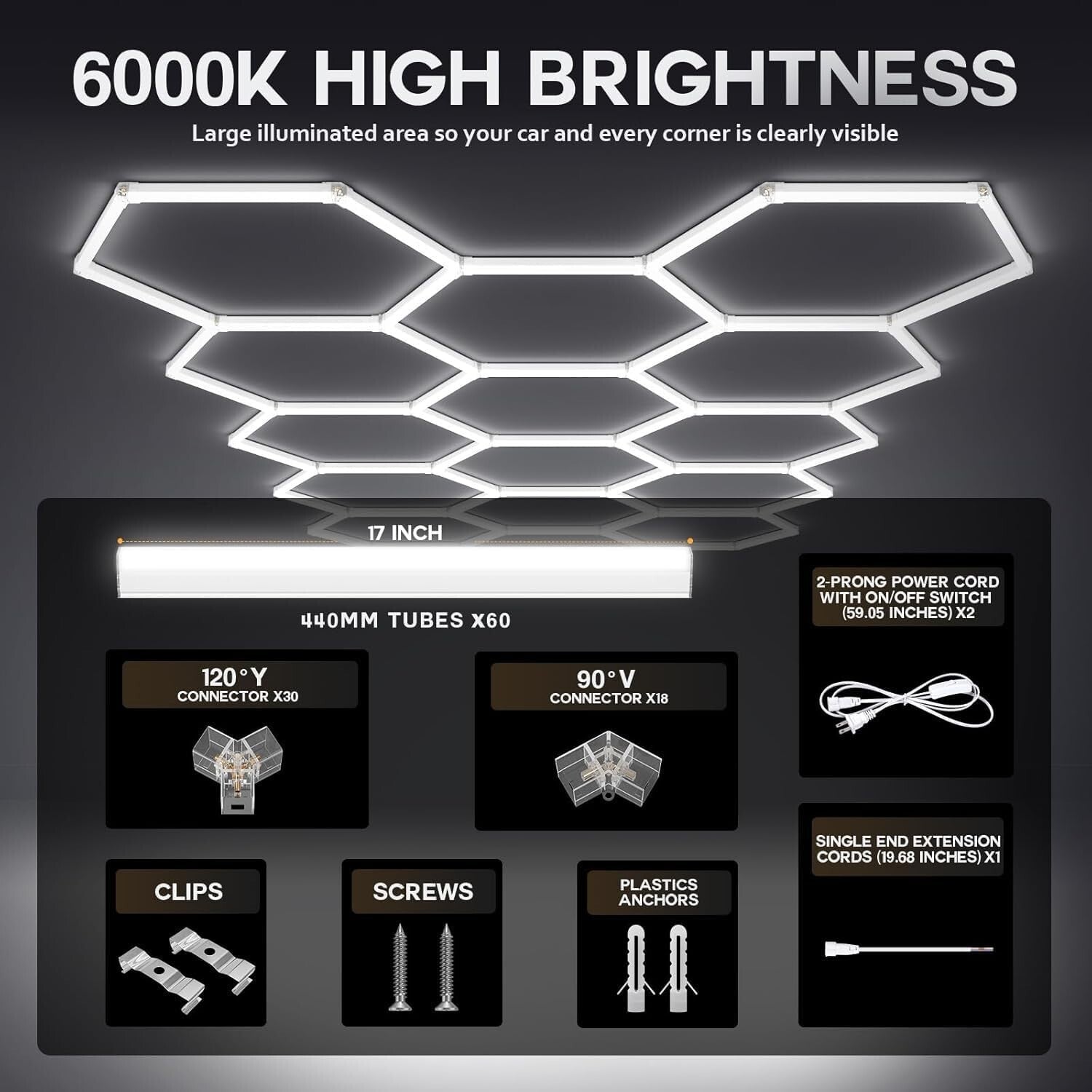 Elegant Aluminum Hexagon Garage Light - 720W, 86400 Lumens for Commercial Use
