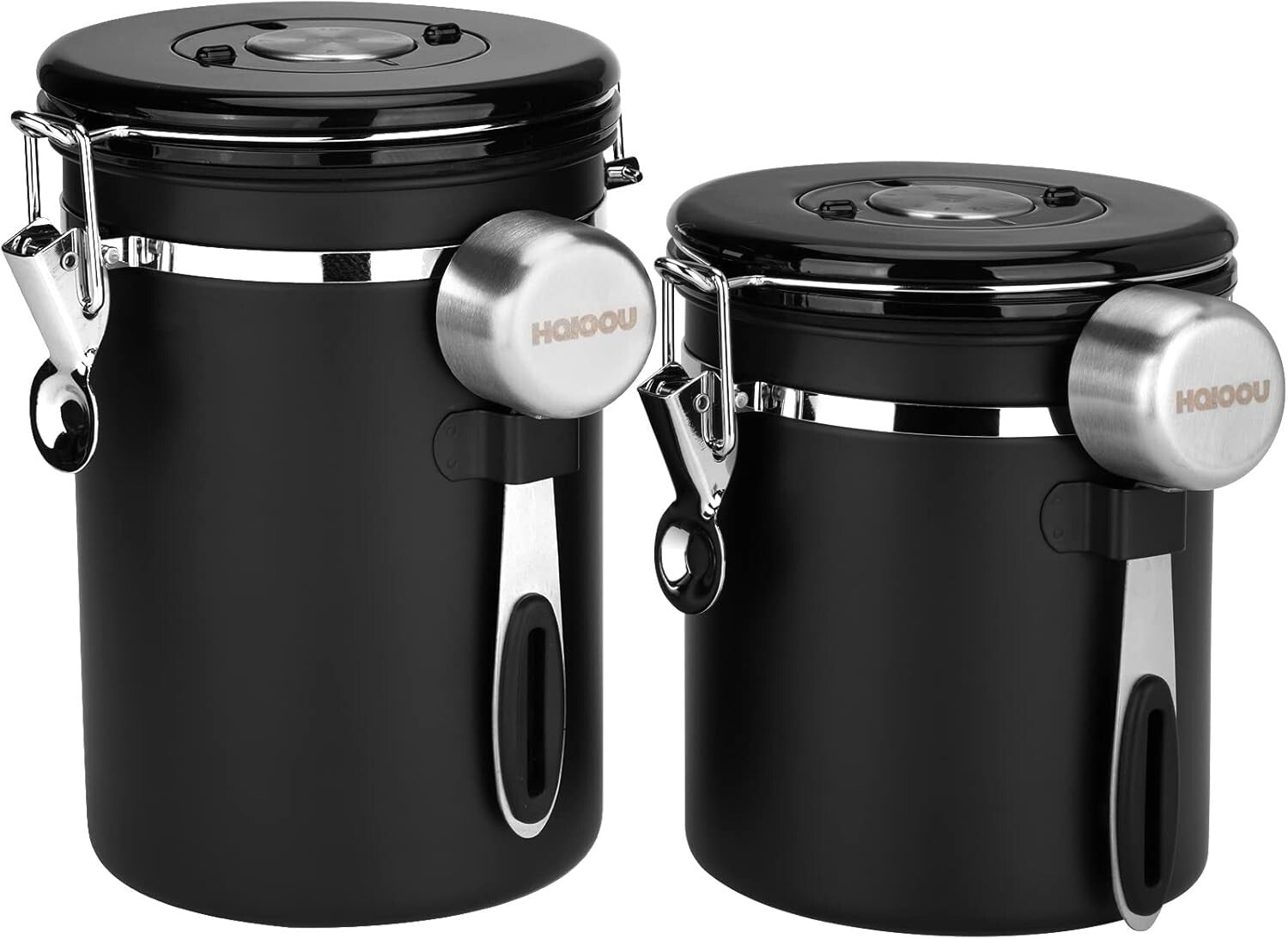 Airtight Coffee Canister Set, 22oz + 16oz with CO2 Valves & Date Tracker - Black