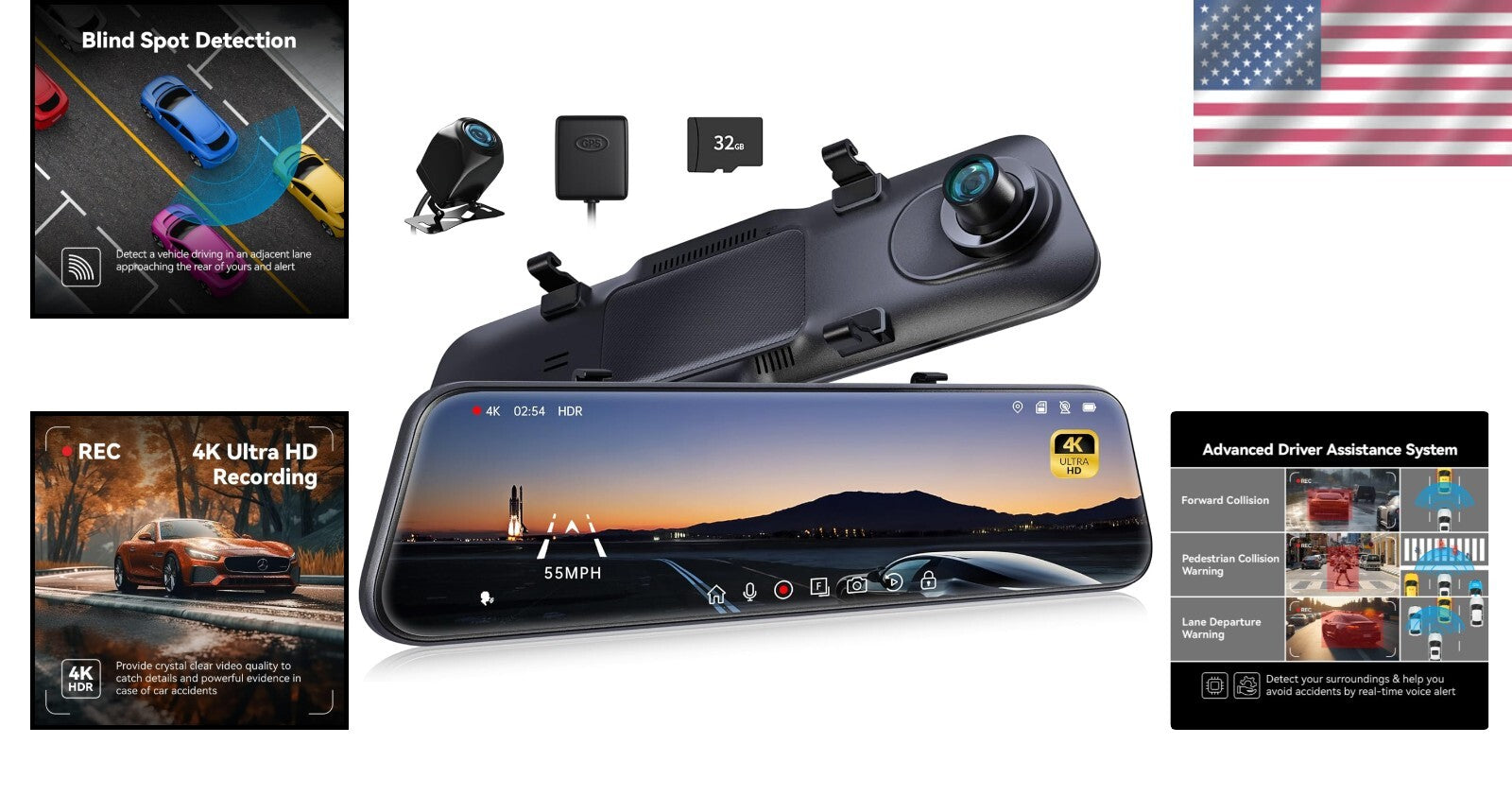 Advanced 4K Mirror Dash Cam with Blind Spot Detection & Loop Recording Features