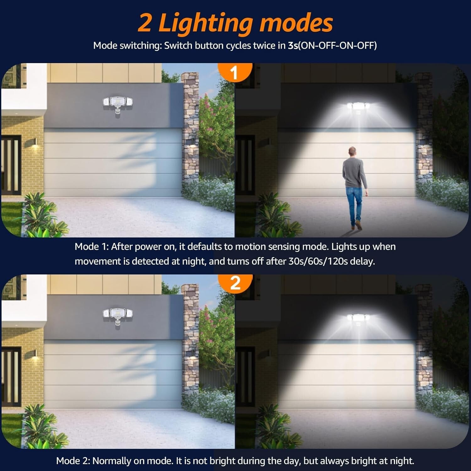 Adjustable 3-Head Motion Sensor Outdoor Lights - Bright 38W Security Floodlight