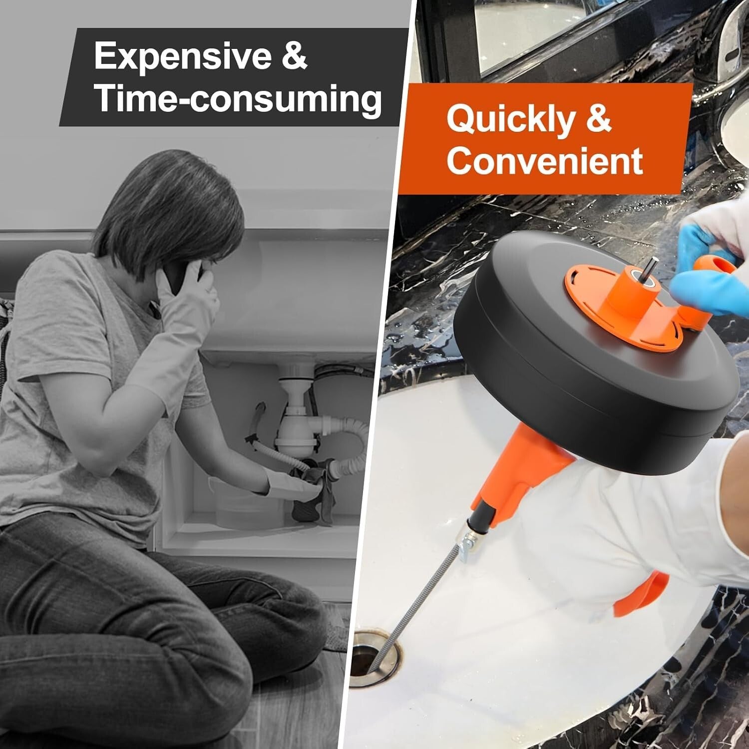 50ft Flexible Steel Drain Snake with Drill Adapter - Heavy Duty Clog Remover