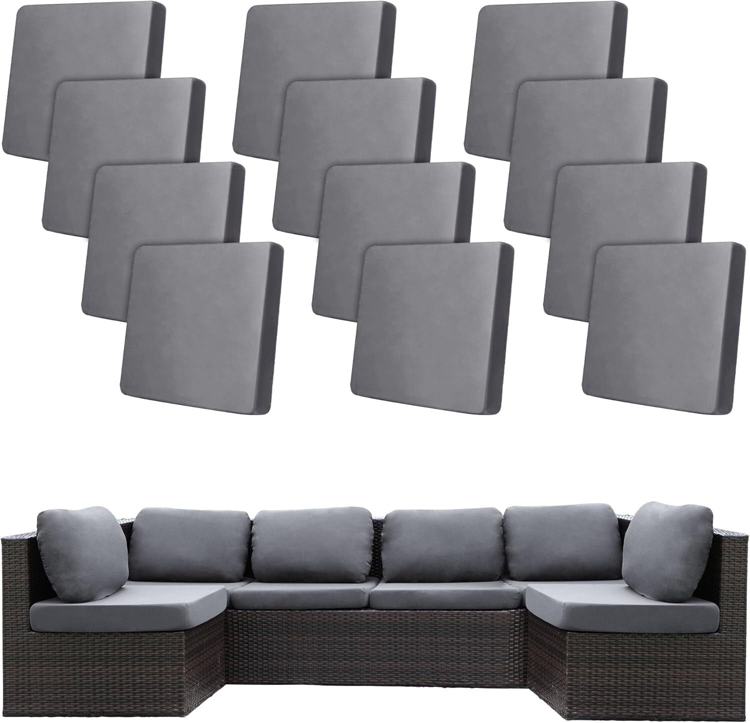 Elastic Slipcovers for Patio Sofa Cushions – 12 Stretch Covers in Classic Grey