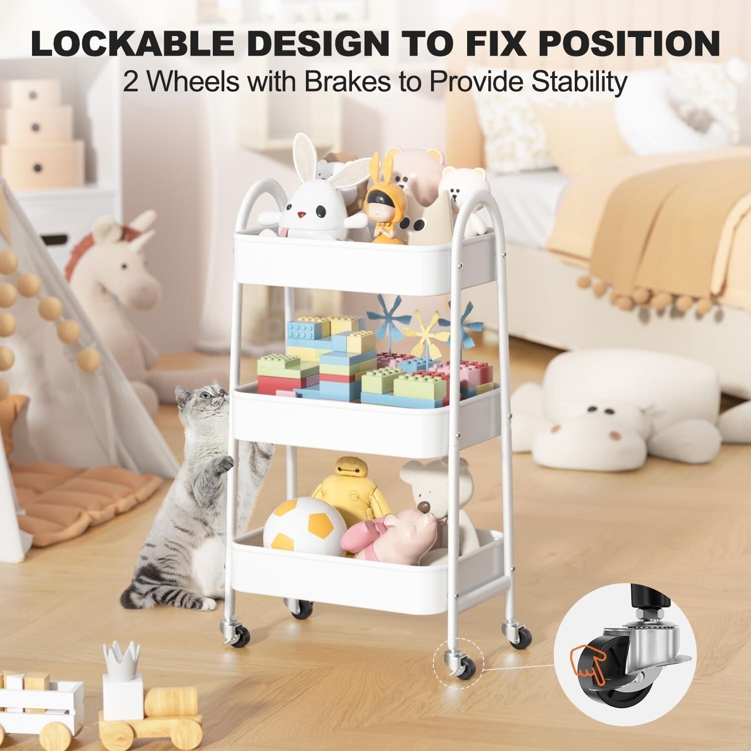 3 Tier Rolling Storage Cart - Lockable Wheels & Sturdy Metal Design in White