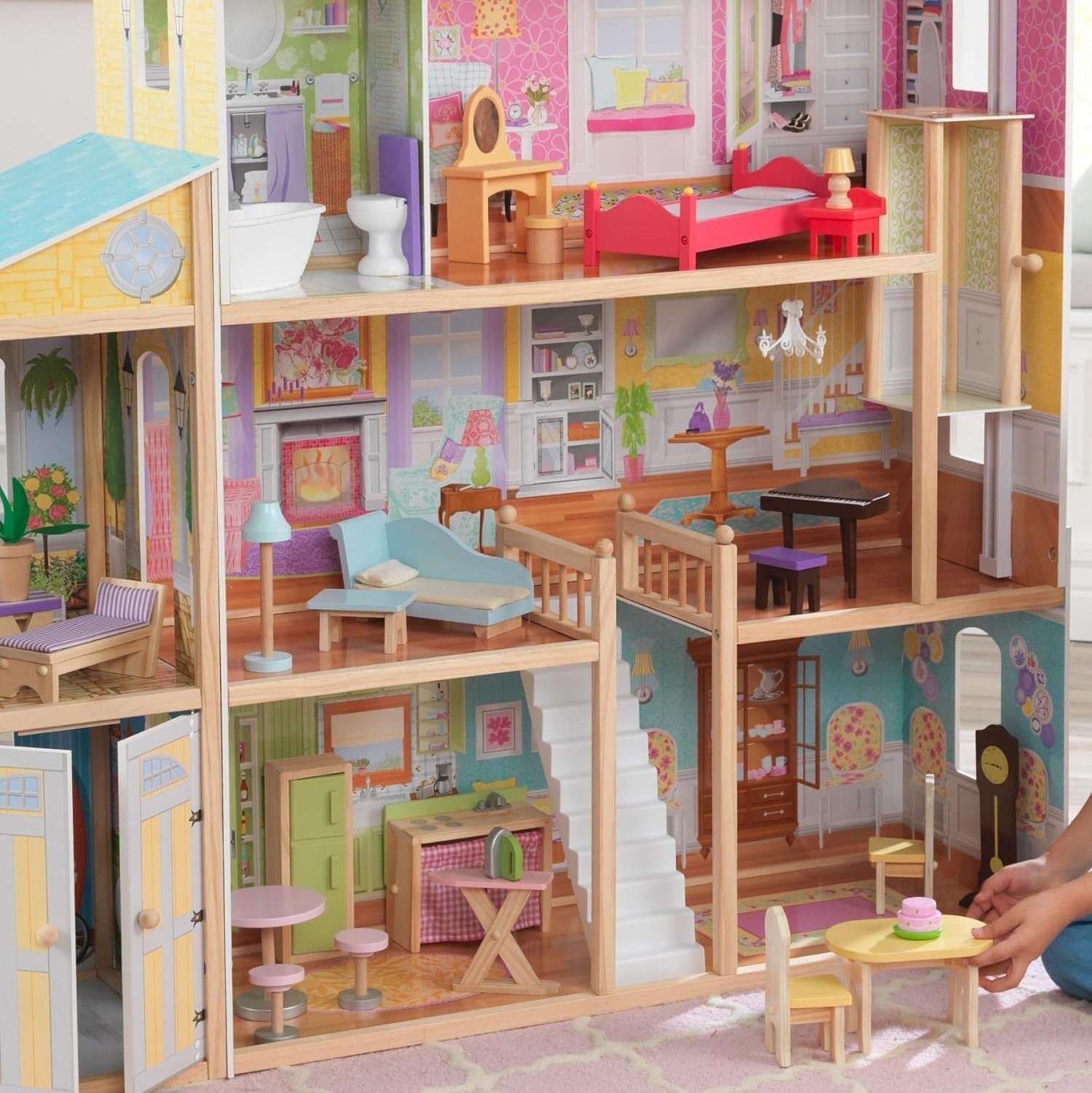 Majestic Wooden Dollhouse with Working Elevator & Fully Furnished, Ages 3+