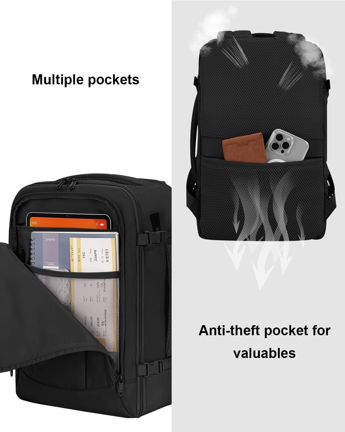 Functional Travel Backpack with Luggage Sleeve & Expandable Water Bottle Pocket