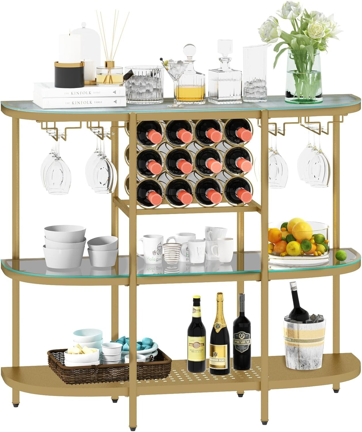 Compact Modern Gold Bar Table with 12-Bottle Wine Rack and Glass Holders