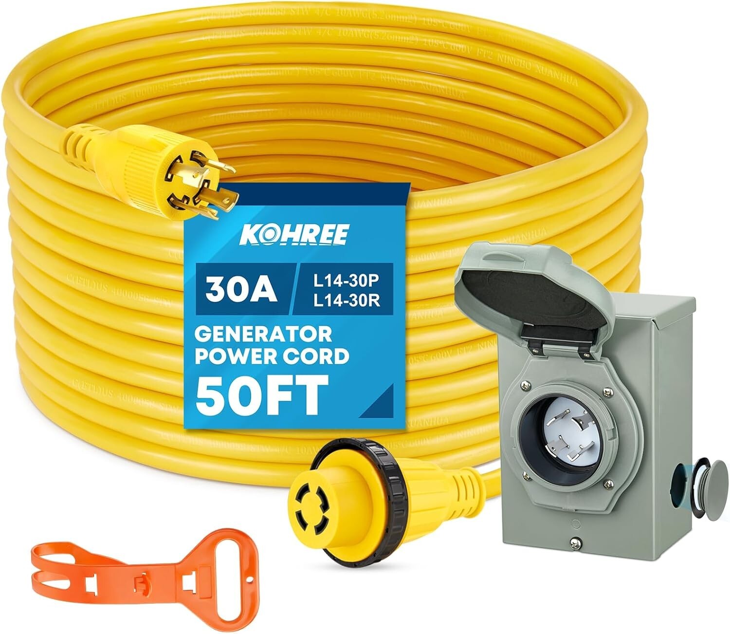 Reliable 30 Amp Generator Cord with Weatherproof Inlet Box & Organizer - 50FT