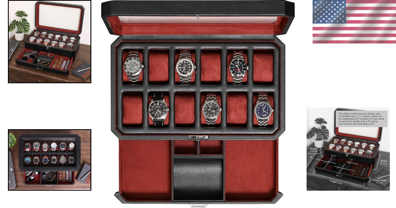 Stylish Black/Red Watch Storage Box with Key Lock & 12 Slots for Men & Women