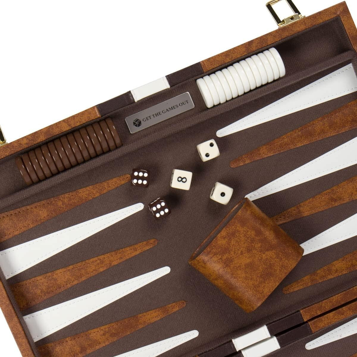 Compact Backgammon Set with Spare Chips – Travel-Ready Brown Leatherette Case