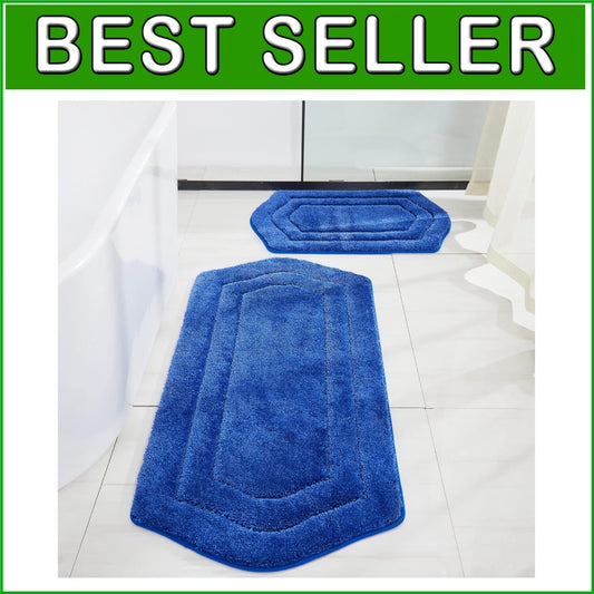 Anti-Slip Thick Bath Rug Set: Machine Washable Blue Mat 20x32 & 24x48 Inches
