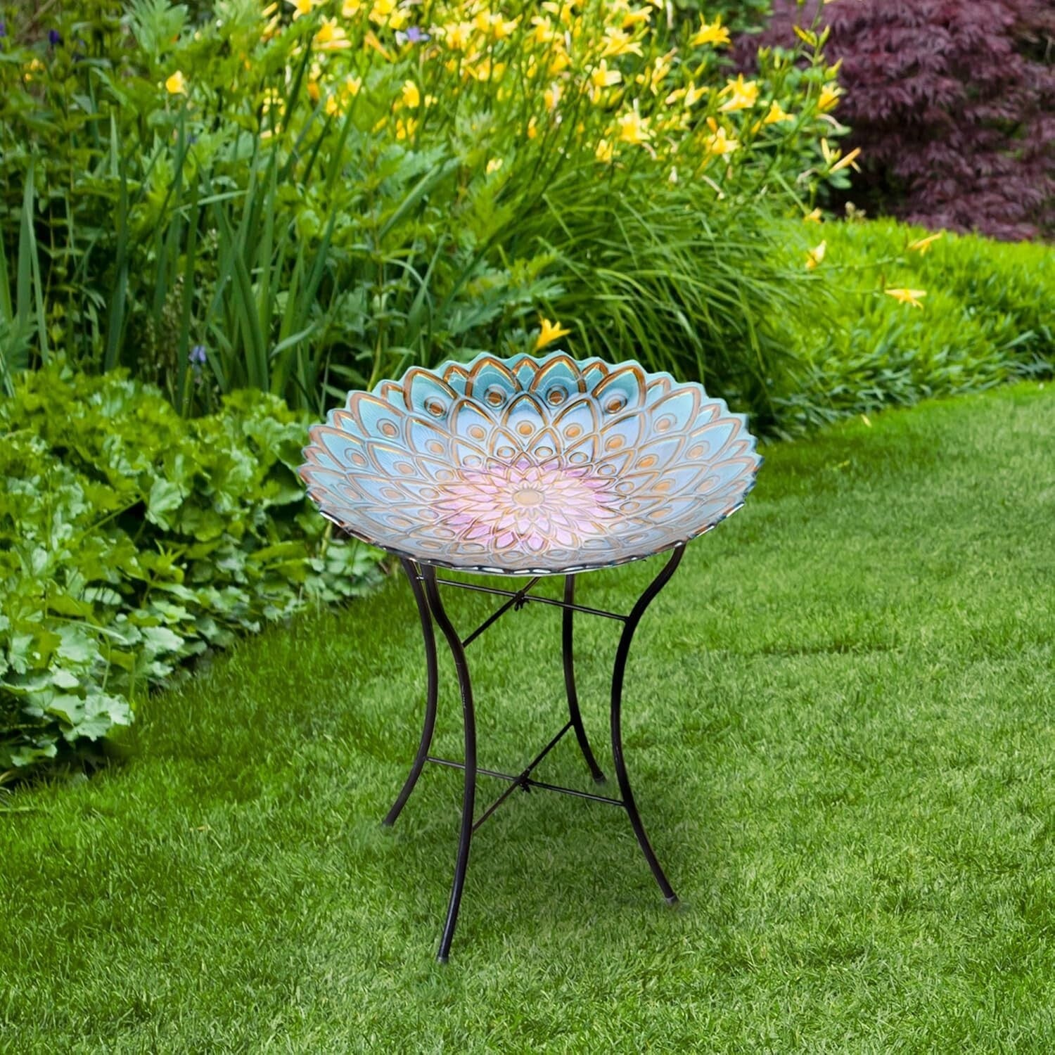 Sturdy 21" Handpainted Flower Glass Bird Bath with Folding Stand for Outdoor Use