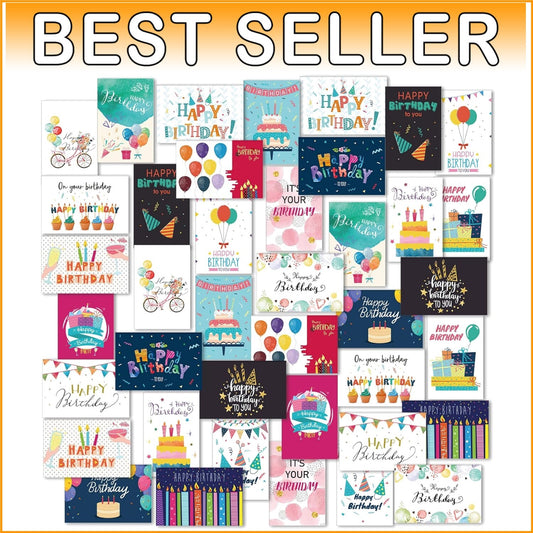 200 Pack Assorted Happy Birthday Cards with Envelopes & Stickers – 20 Styles