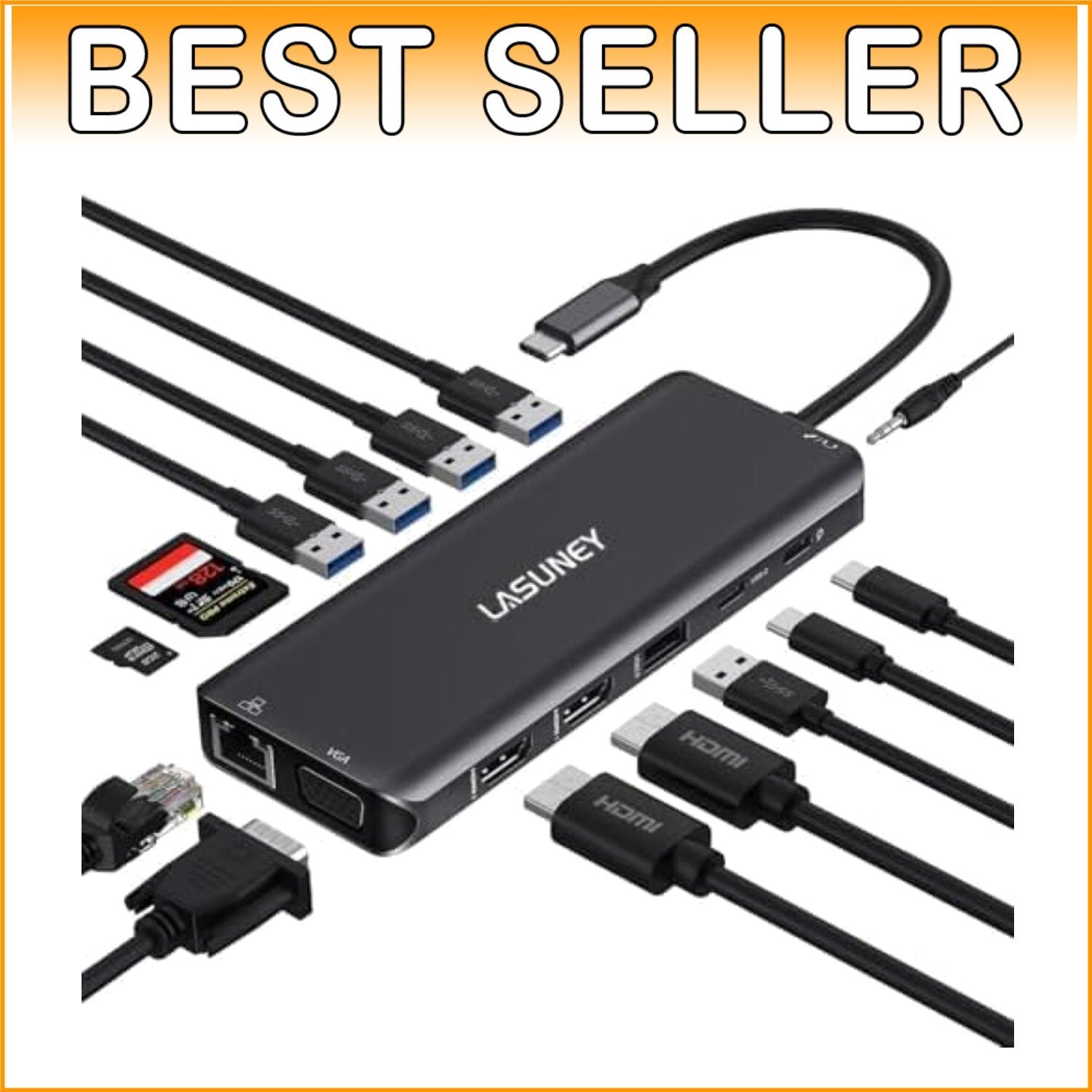 14-in-1 USB-C Laptop Docking Station - Dual HDMI, VGA, Gigabit Ethernet, Black