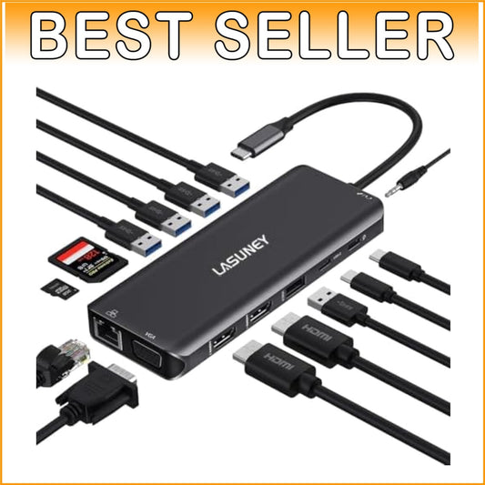 14-in-1 USB-C Laptop Docking Station - Dual HDMI, VGA, Gigabit Ethernet, Black