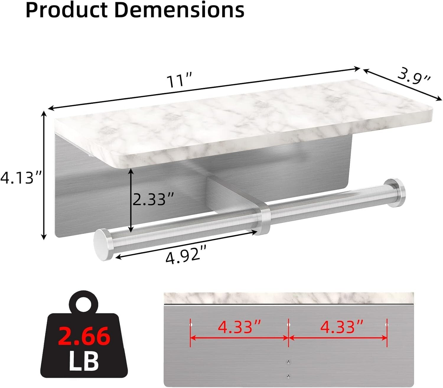 Brushed Nickel Double Toilet Paper Holder with Elegant Marble Shelf - Modern ...