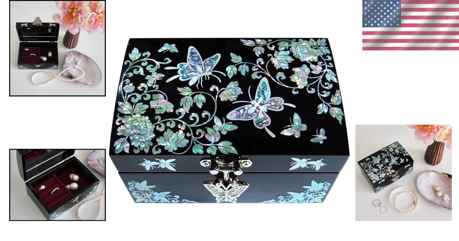 Elegant Butterflies Jewelry Box - Handmade Wood with Mirror Inside Lid