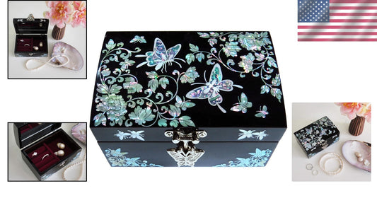 Elegant Butterflies Jewelry Box - Handmade Wood with Mirror Inside Lid