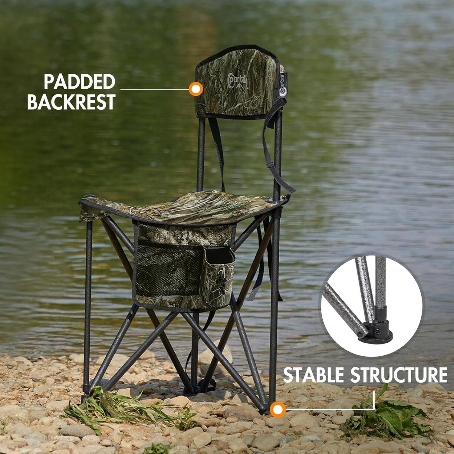 Lightweight Camo Tripod Stool with Backrest - Portable Camping Chair for 225 lbs
