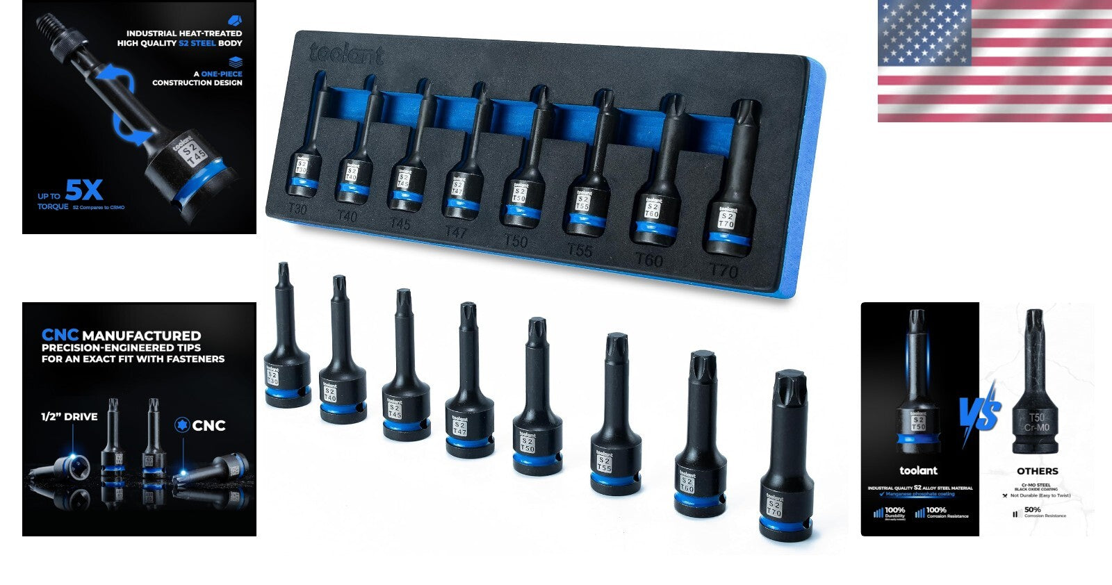 Impact-Resistant Torx Bit Socket Set - 8 Pieces T30-T70 with High Strength Steel