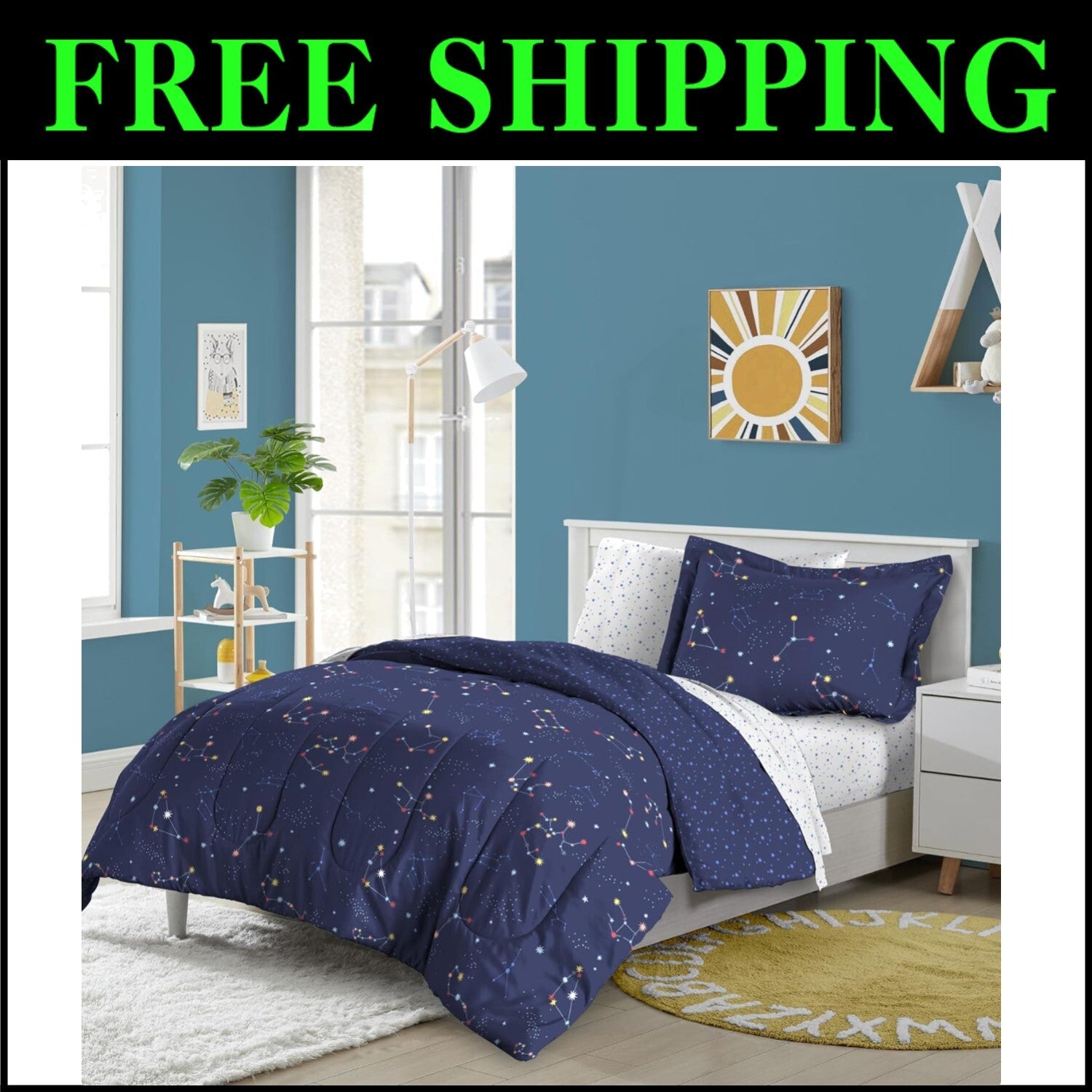 Navy Blue Zodiac Twin Bedding Set - 5-Piece Microfiber Comforter & Sheets