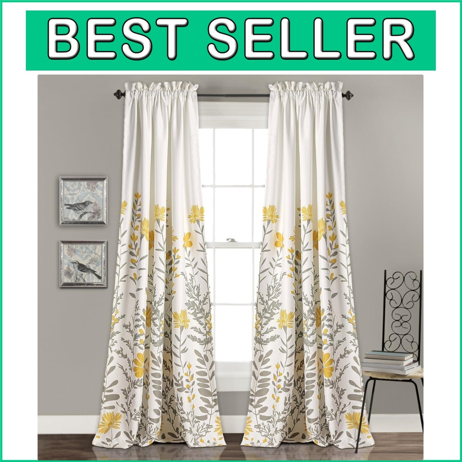 Elegant Yellow Floral Rod Pocket Curtains, Set of 2, 52"W x 84"L for Living Room