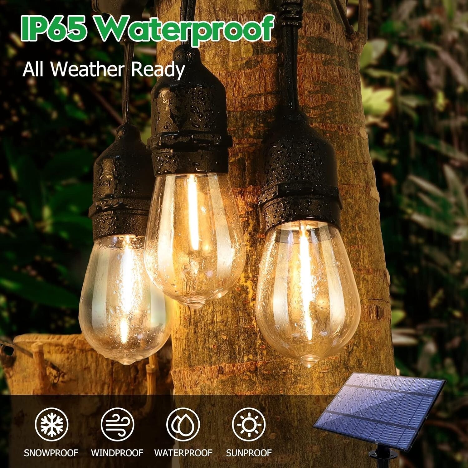 Warm White Outdoor Solar String Lights - 30 Shatterproof Sockets, 5 Modes