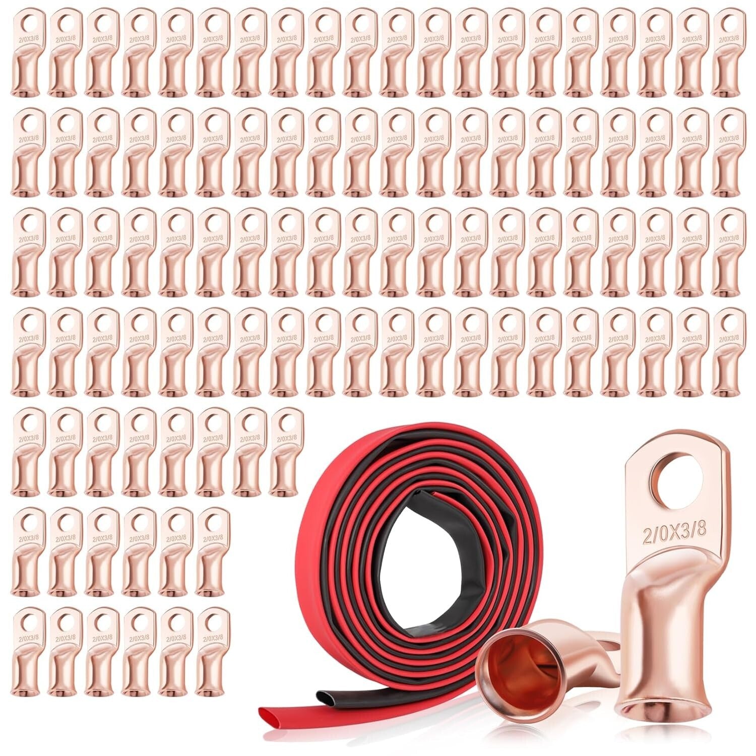 100PCS 2/0 AWG Ring Terminals with Heat Shrink Tubing for Heavy-Duty Connections