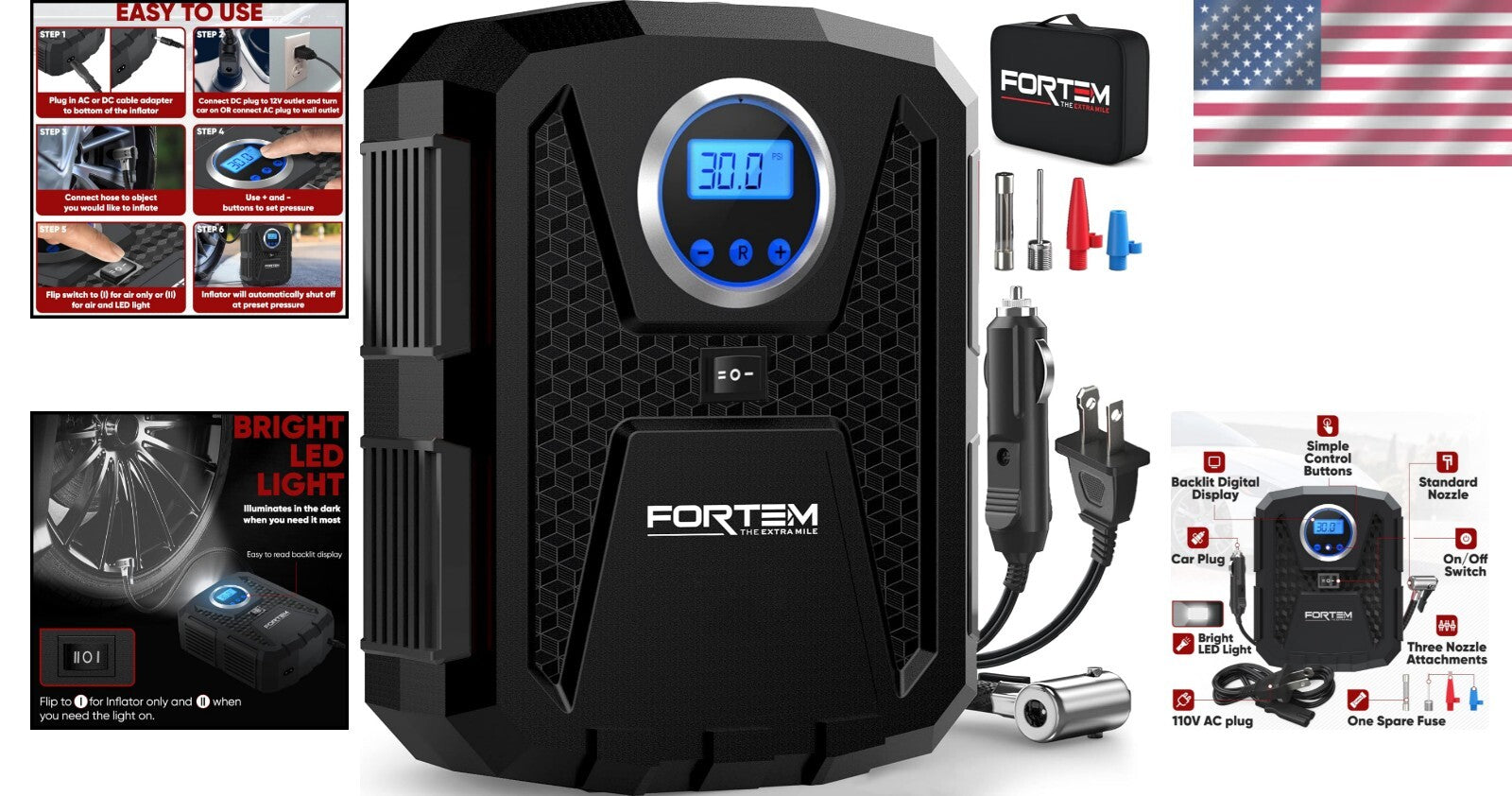 150 PSI Portable Tire Inflator with Digital Gauge & Auto Shut Off - Black