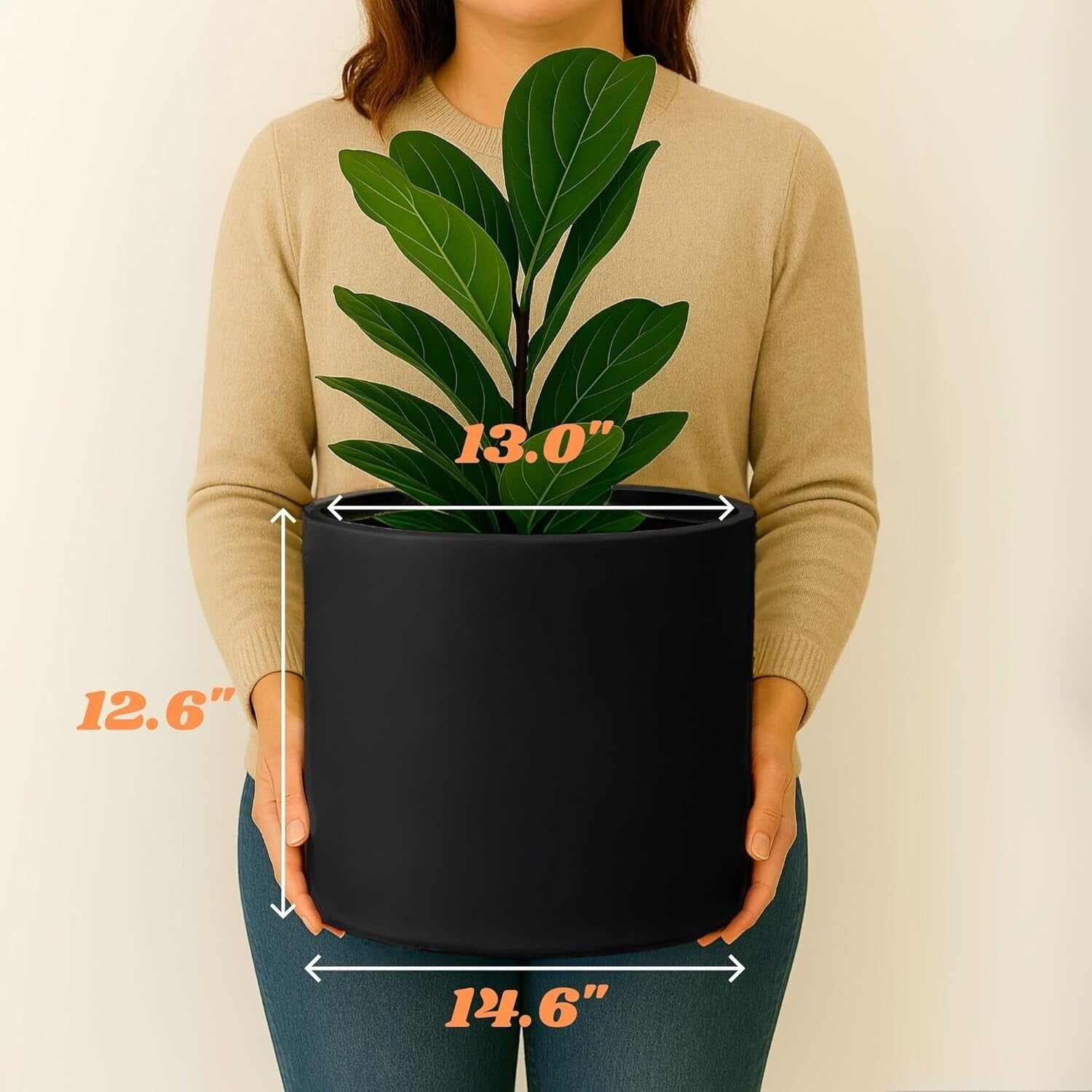 14.6 Inch XL Matte Black Fiberstone Planter with Drainage for Indoor/Outdoor