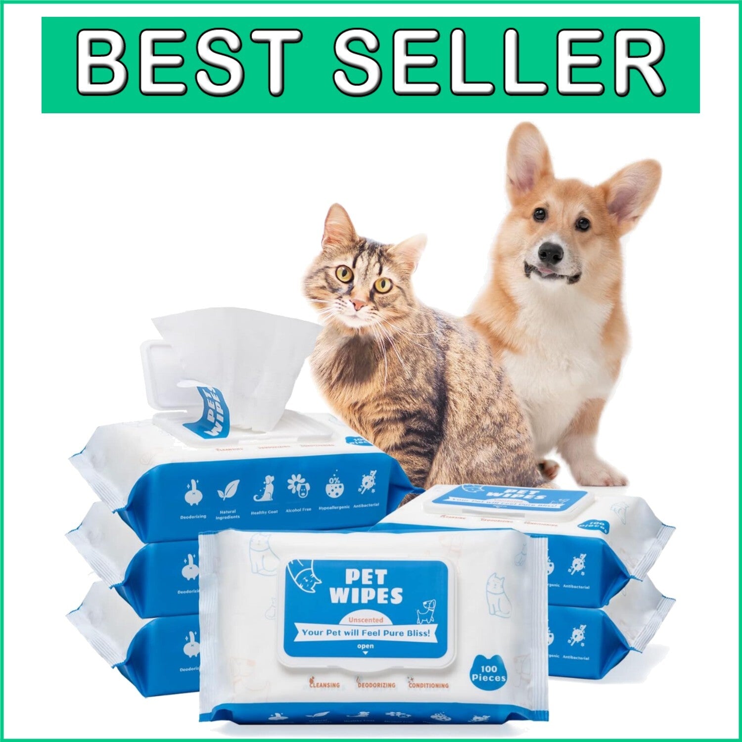 Natural Moist Dog Wipes with Vitamin E - 600 Unscented Grooming Wipes for Pets