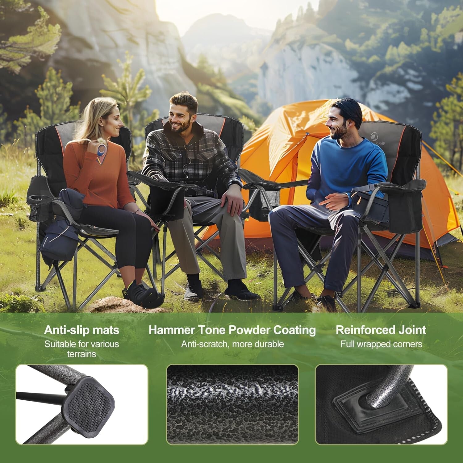 Ergonomic Padded Folding Camping Chair with Cooler & Cup Holder - Twin Pack