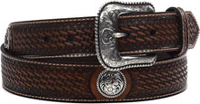 Load image into Gallery viewer, Men's Basketweave Leather Concho Belt with Silver Floral Details - Sizes 32-46