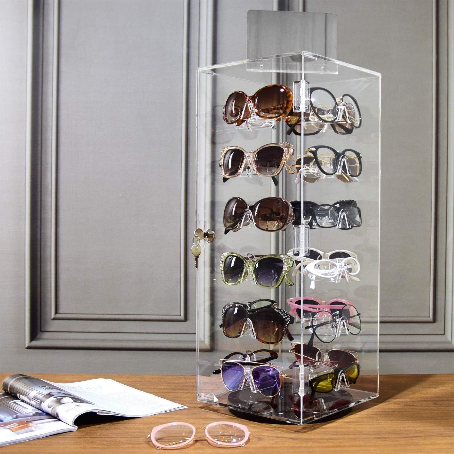 Elegant 24-Pair Acrylic Sunglass Organizer with Mirror - Stylish Eyewear Stand