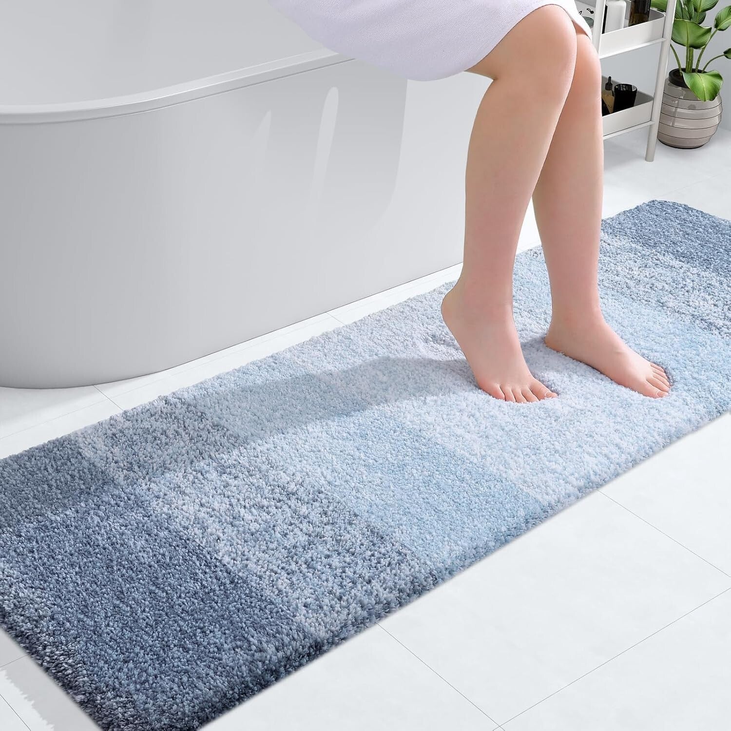 Soft Microfiber Bathroom Mat 59x20 with Rubber Backing - Elegant Blue Stripe
