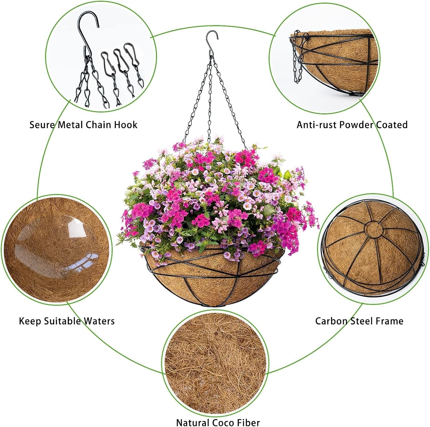 Elegant 4 Pack 14 Inch Hanging Flower Baskets with Coco Liner for Outdoor Plants