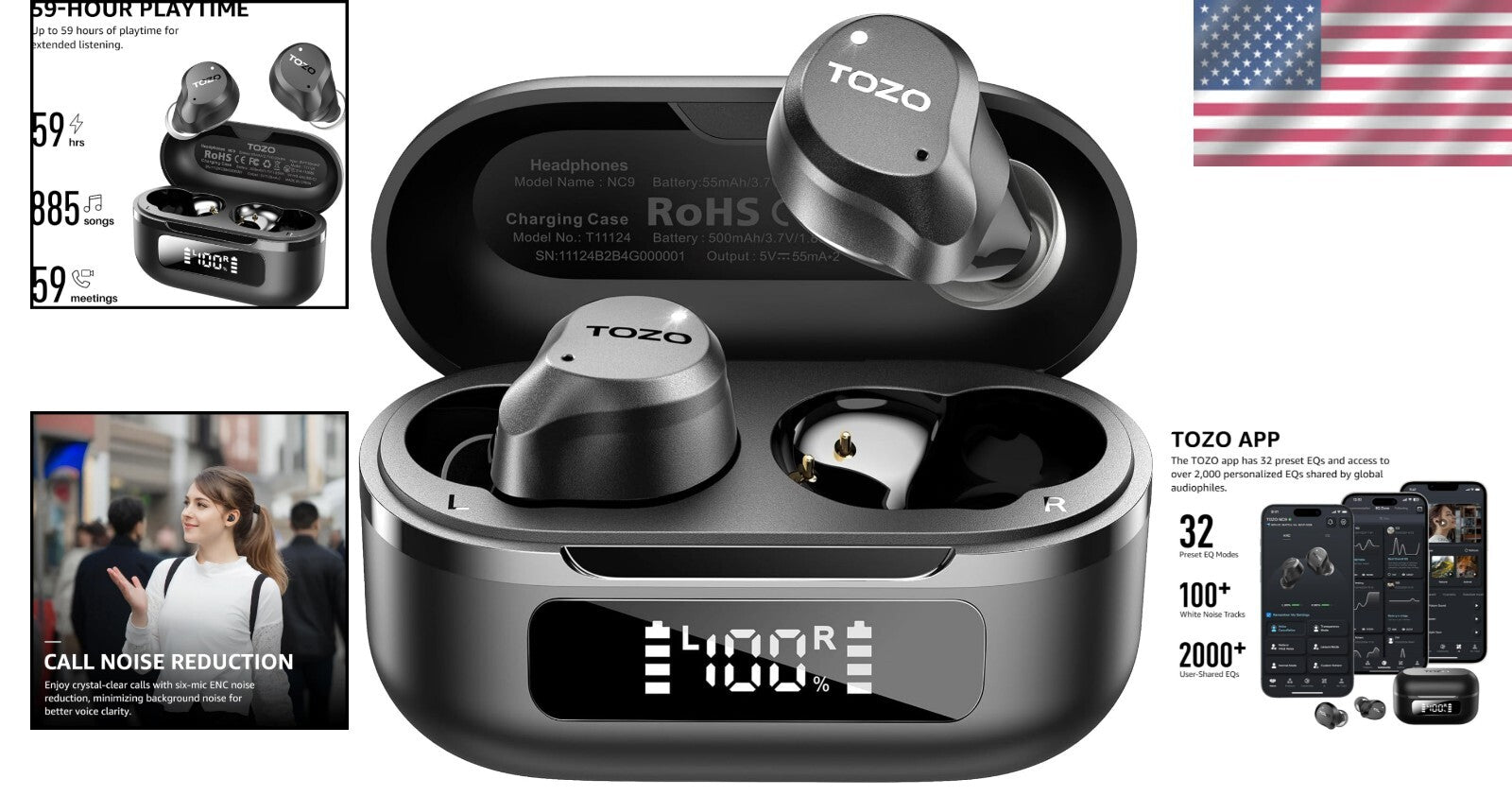 Bluetooth 5.3 Wireless Earbuds with 6 Mics for Clear Calls & Bass-Enhanced Sound