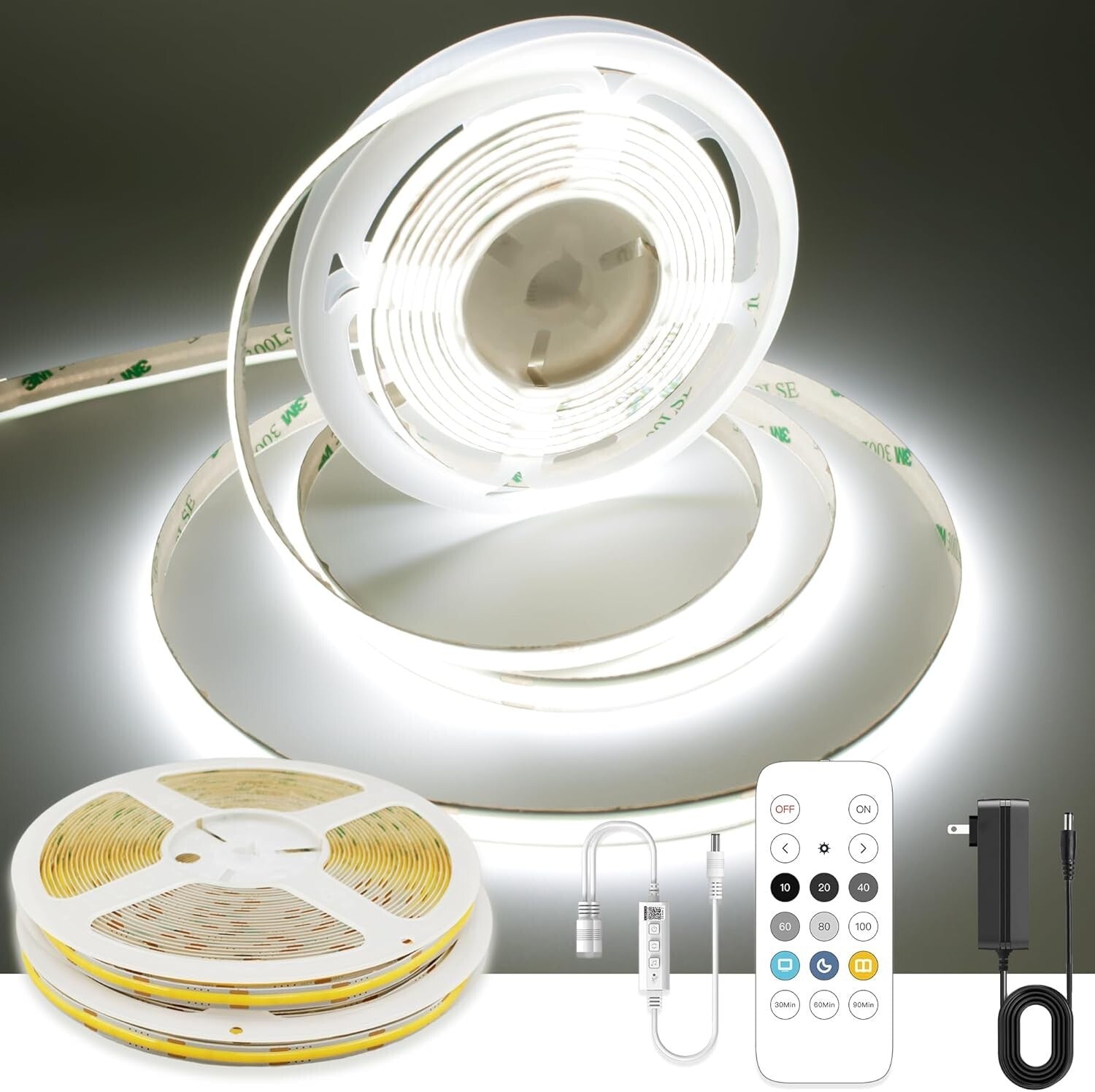 32.8ft Dimmable COB LED Strip Light - 6000K Daylight White with Remote Control