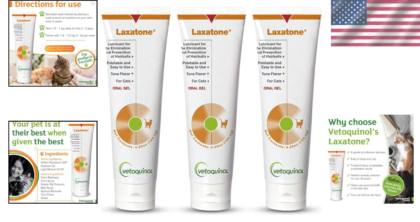 Laxatone 3-Pack Tuna-Flavored Hairball Relief Gel for Cats - 4.25 oz Each