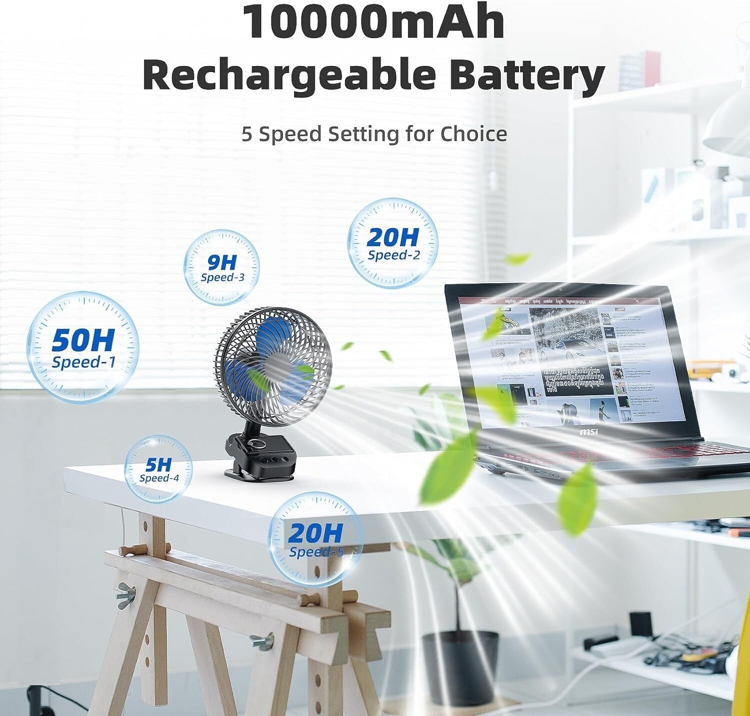 4-in-1 USB Rechargeable Fan - 8-Inch Clip, 10000mAh, 5 Speeds, 45°/90° Rotation