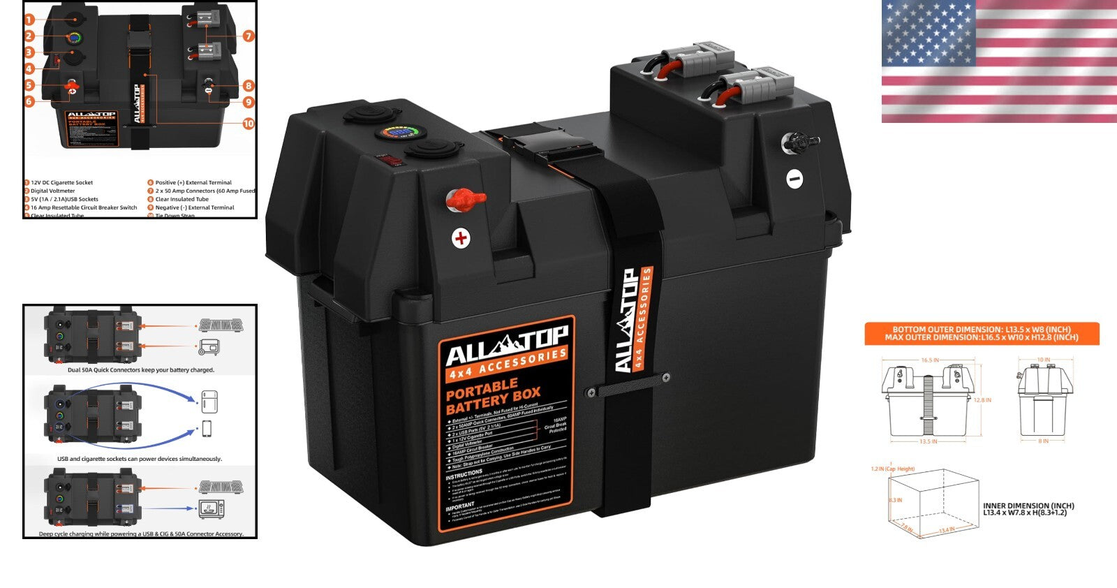 12V Smart Battery Box with 50AMP Connectors & Circuit Breaker for Versatile Use