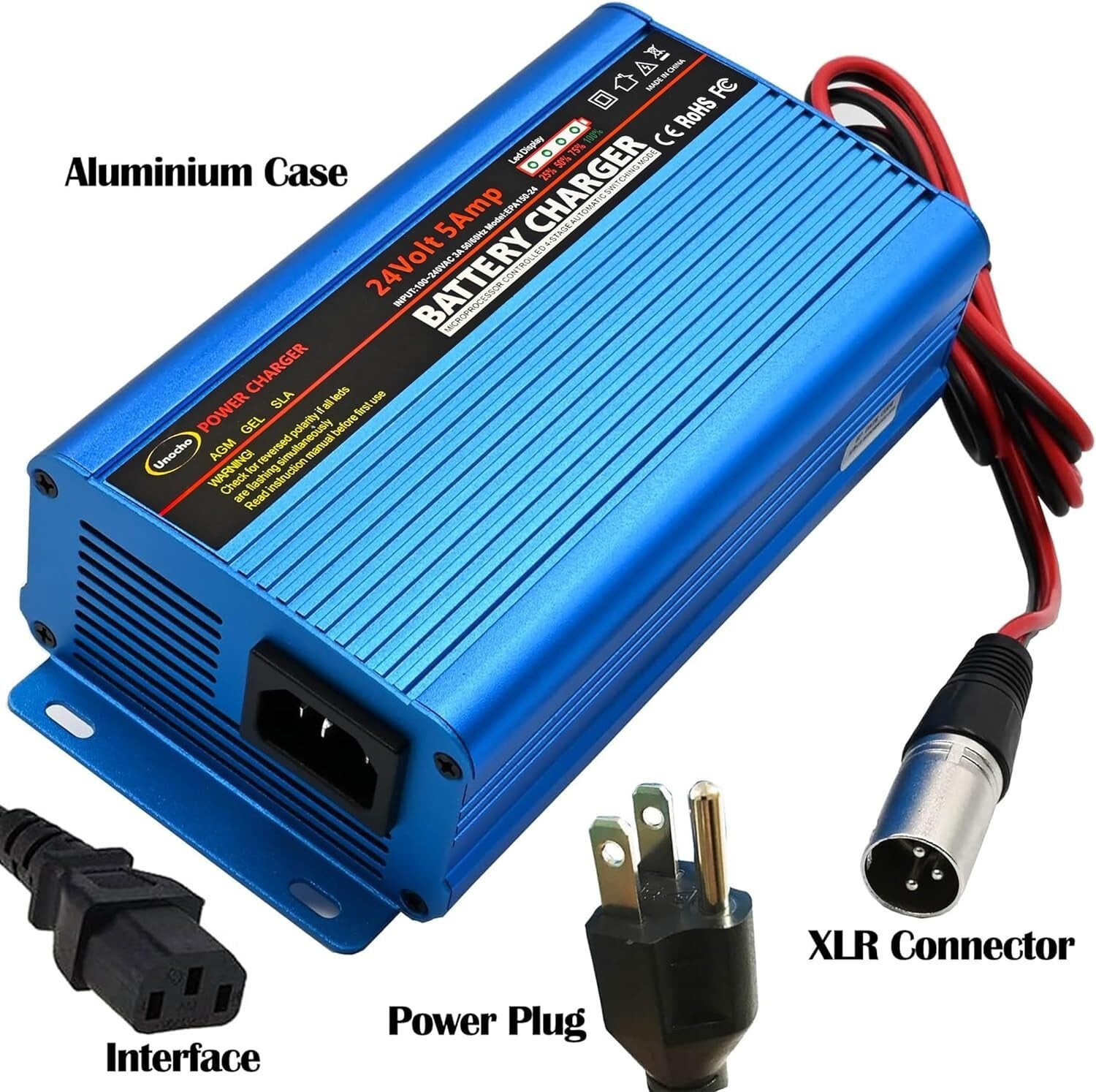 Compact 24V Automatic Smart Battery Charger with XLR Connector & LED Indicators