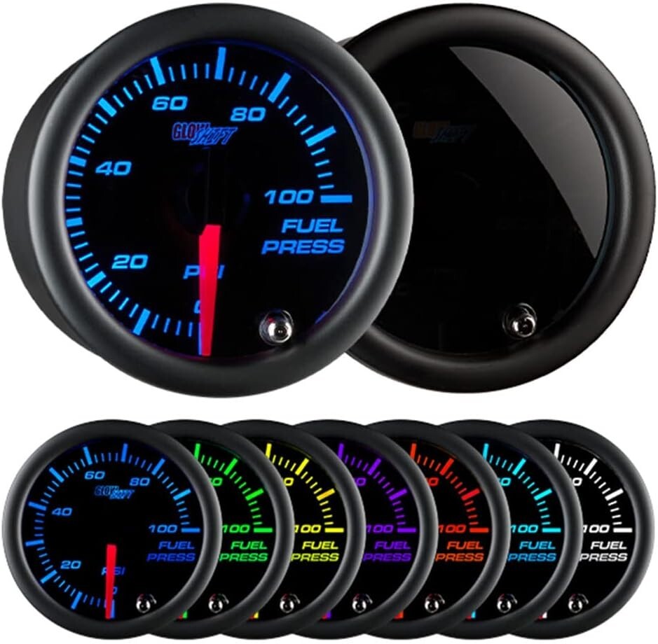 Electronic 100 PSI Fuel Pressure Gauge with Black Dial & Smoked Lens - 7 Colors