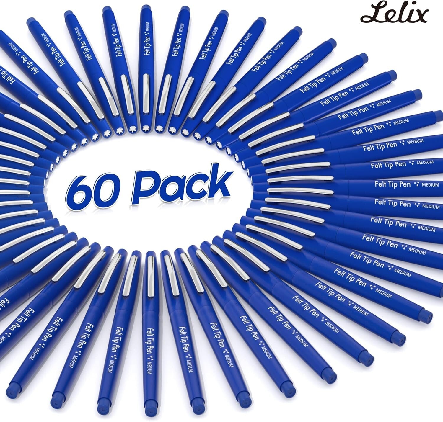 60 Blue Felt Tip Pens - Non-Toxic, Quick-Drying for Classroom & Office